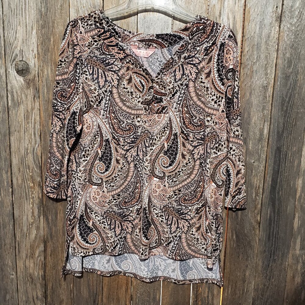 Amana M Top Blouse Pink Brown Paisley V Neck 3/4 Sleeve Pullover Stretch